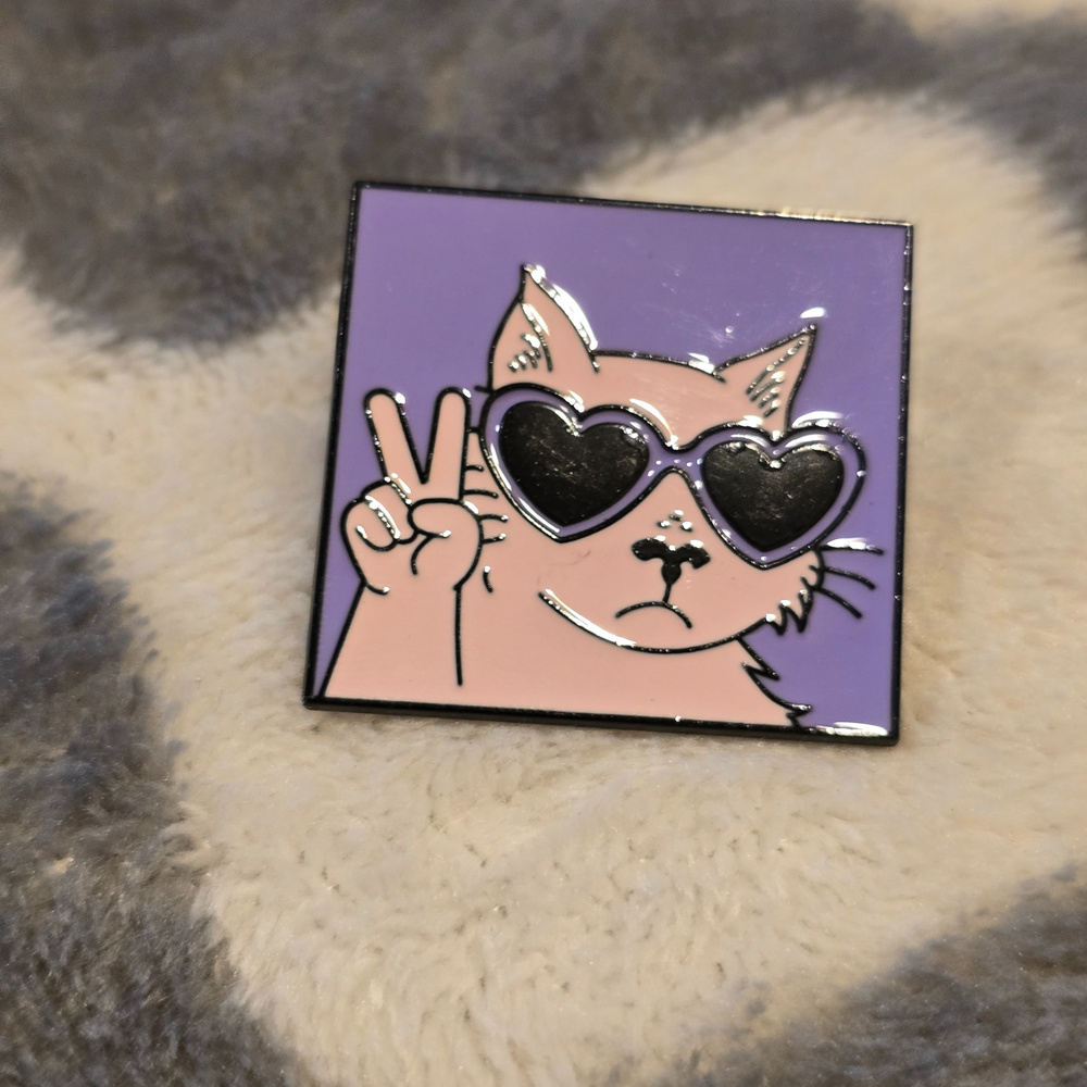 Cat Enamel Pin Purple Heart Sunglasses Peace Sign Square